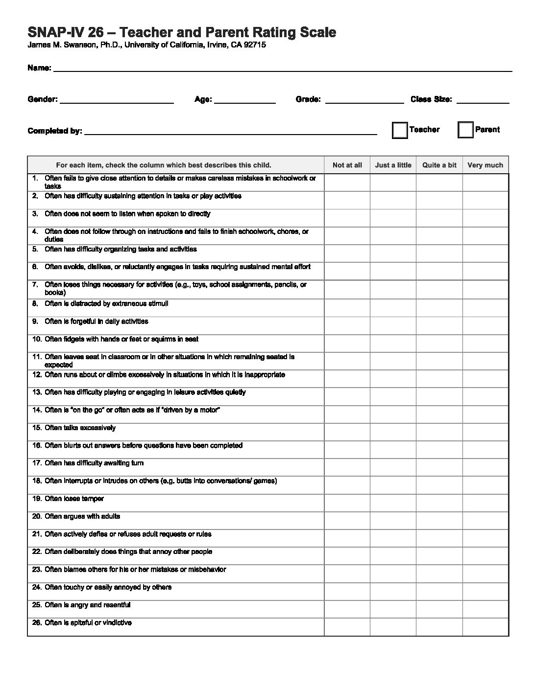 Snap Iv Teacher And Parent Rating Scale Doctors Off